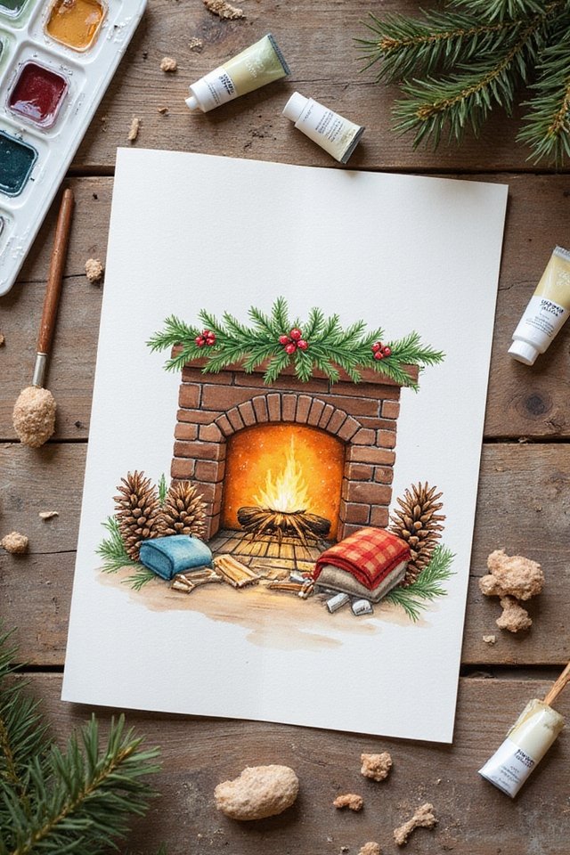 Cozy holiday watercolor painting of a fireplace with pine branches and decorative elements on a wooden table.