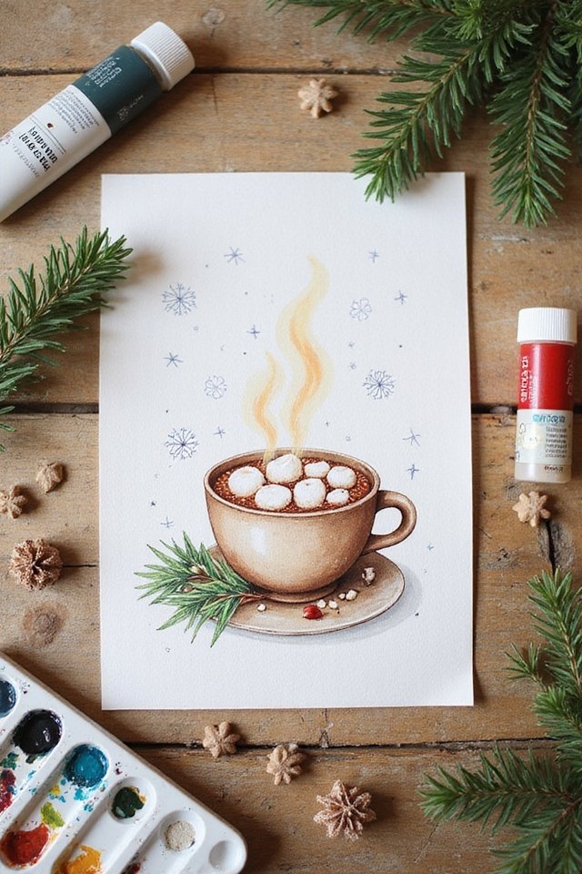 Watercolor painting of a steaming mug of hot cocoa with marshmallows, surrounded by pine sprigs and art supplies.