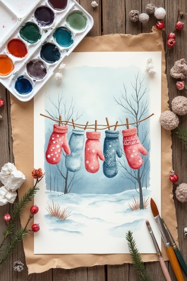 Watercolor painting of winter mittens on a line, surrounded by art supplies and winter decorations.