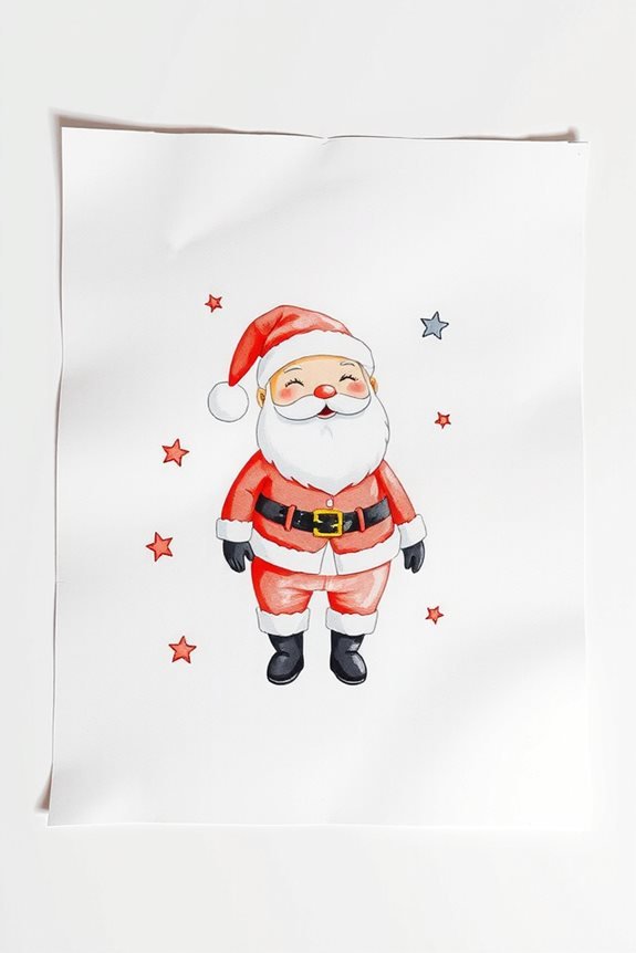 Cute Santa Claus illustration with red stars, smiling in his classic red suit and hat on a white background.