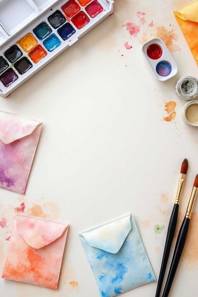 Watercolor painting supplies with colorful envelopes and brushes on a creative workspace.