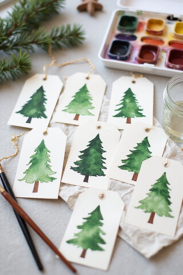 Watercolor pine tree gift tags with paint set and brushes, perfect for festive or holiday crafts and presents.