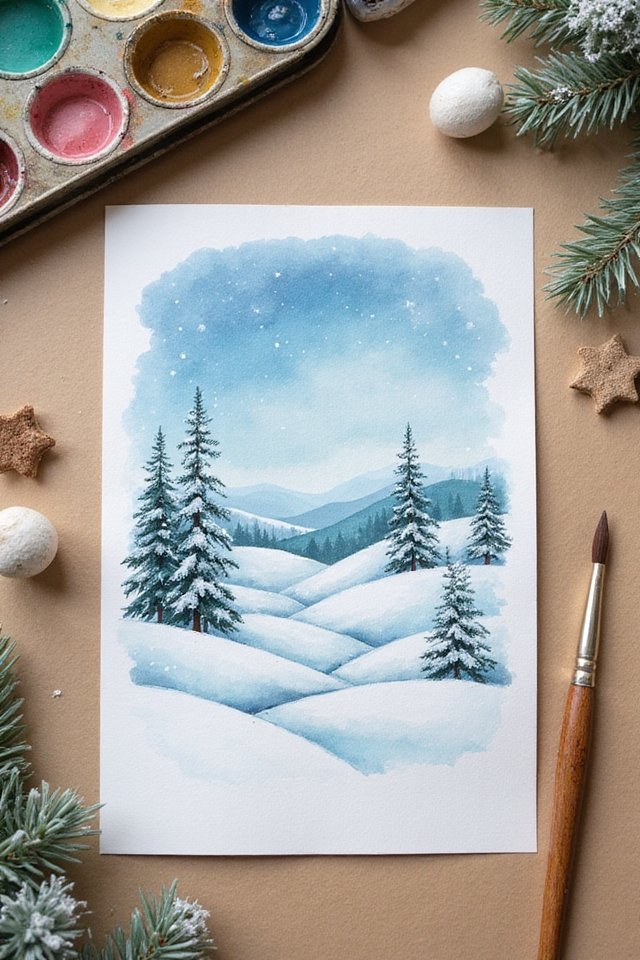 Winter landscape watercolor painting with snow-covered hills and trees, surrounded by art supplies.