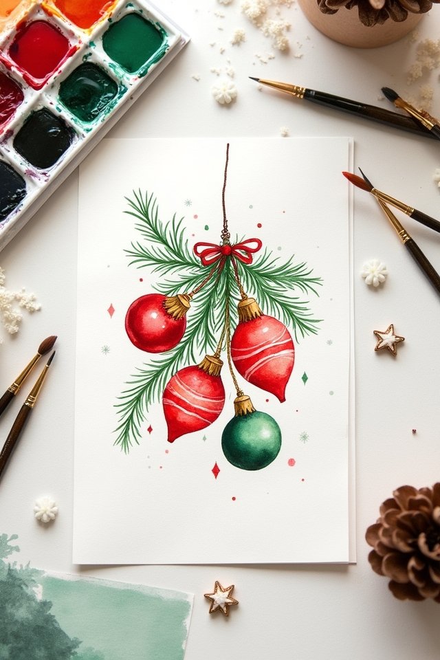Watercolor Christmas ornaments and pine branch with paints and brushes on a festive art table.
