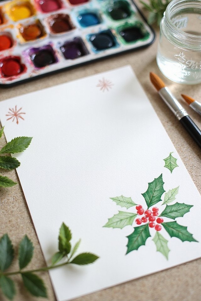 Blank Christmas card with holly design, watercolor paints, brushes, and green leaves on table.