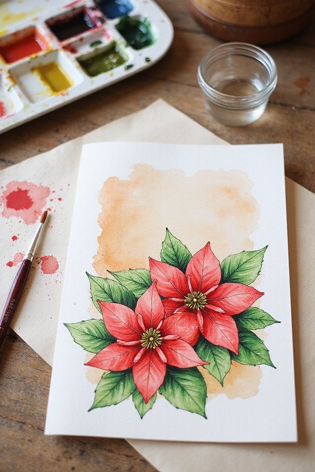 Watercolor painting of red poinsettias on paper with a paint palette and brush nearby on a wooden table.