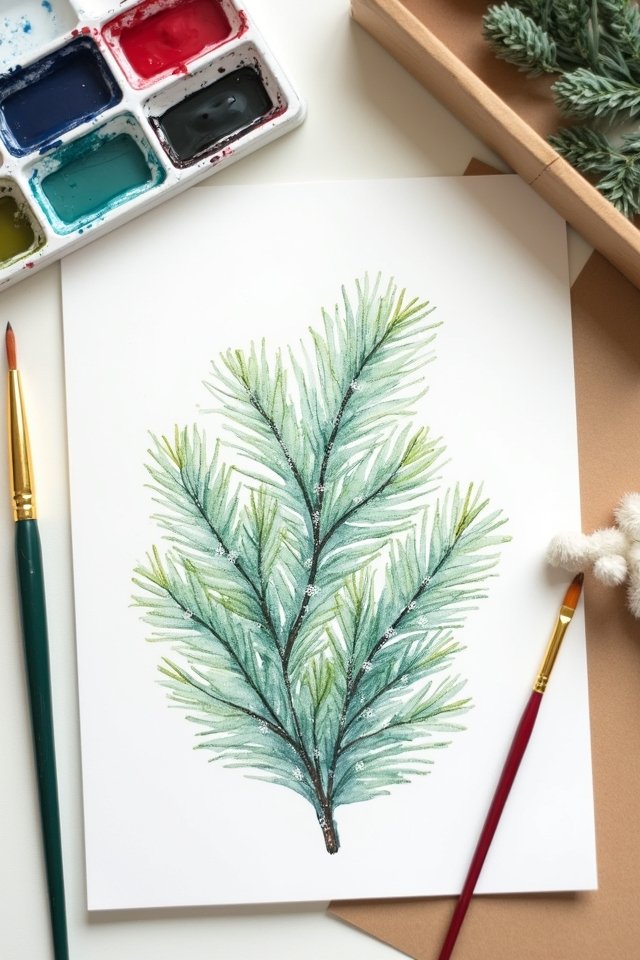 Watercolor painting of pine branch with paint palette and brushes, showcasing artistic creativity and nature inspiration.