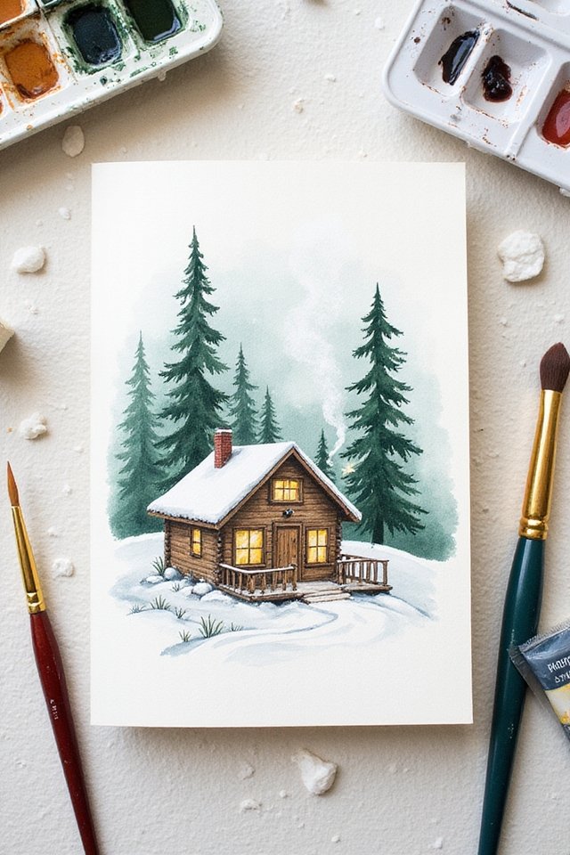 Watercolor painting of a cozy cabin in snowy woods, surrounded by tall pine trees, with paintbrushes and palette nearby.