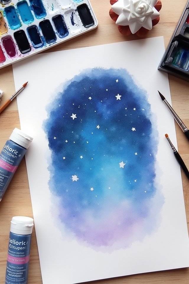 Watercolor galaxy painting with stars, surrounded by paints and brushes on a wooden table.