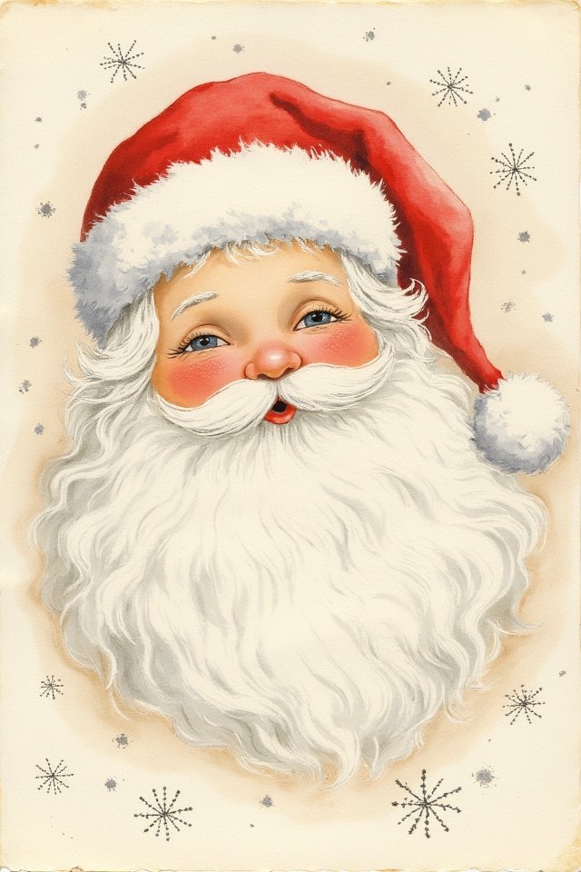 Vintage illustration of Santa Claus smiling with a red hat, surrounded by snowflakes. Christmas cheer and joy.