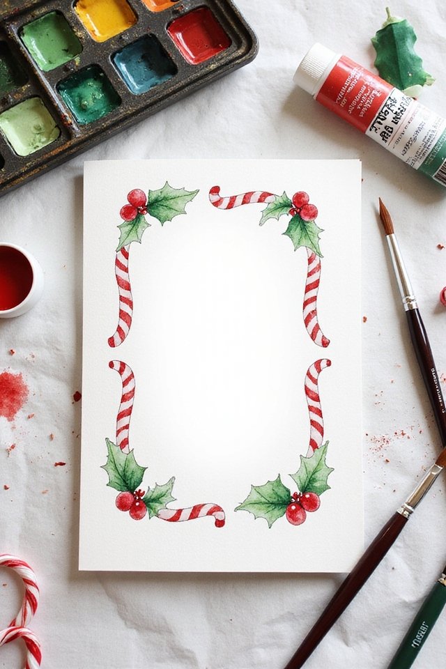 Blank Christmas card with candy cane and holly design, surrounded by watercolor paints, brushes, and a paint tube.
