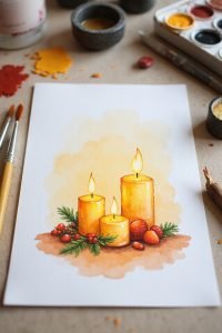 Watercolor candles on paper with brushes, surrounded by berries and leaves, in an art studio setting.