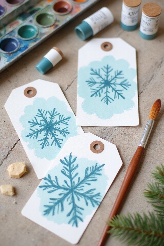 Hand-painted snowflake tags, watercolor palette, and brush on a table. Creative winter DIY craft setup.