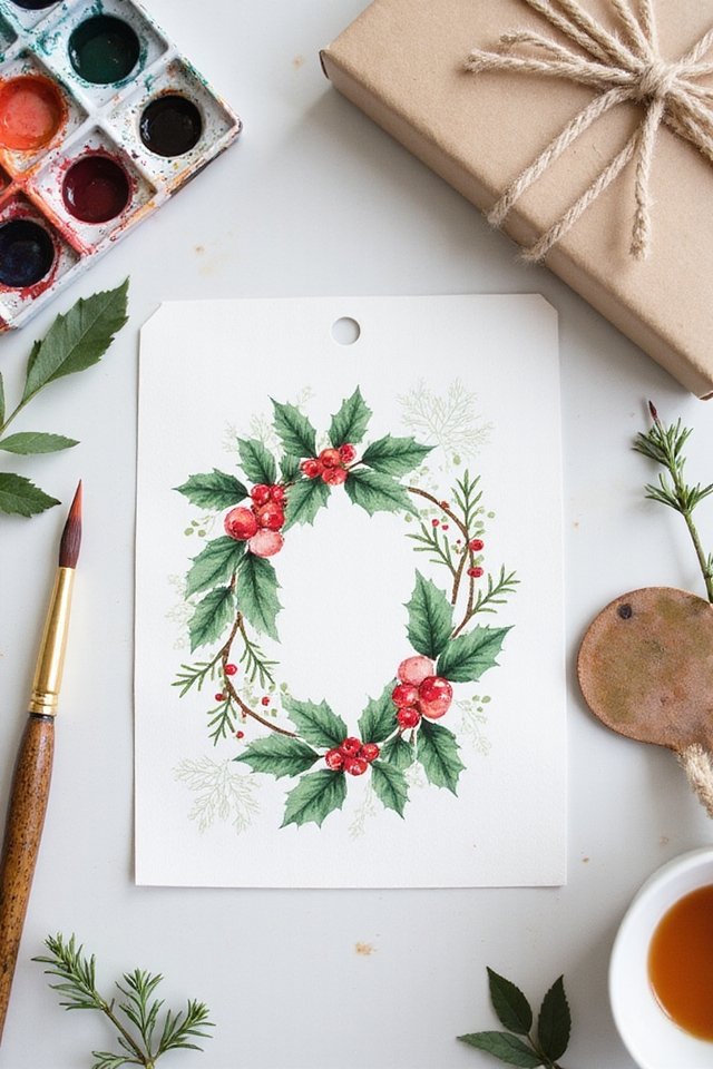 Watercolor holiday wreath with red berries, surrounded by painting supplies and wrapped gift box.