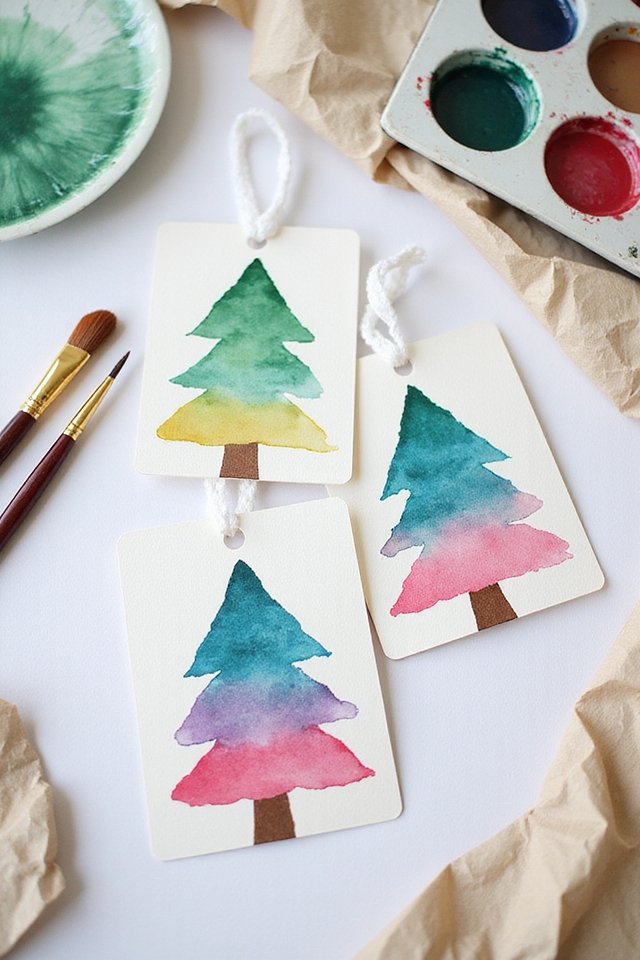 Watercolor Christmas tree gift tags with paintbrushes and palette on decorative paper.