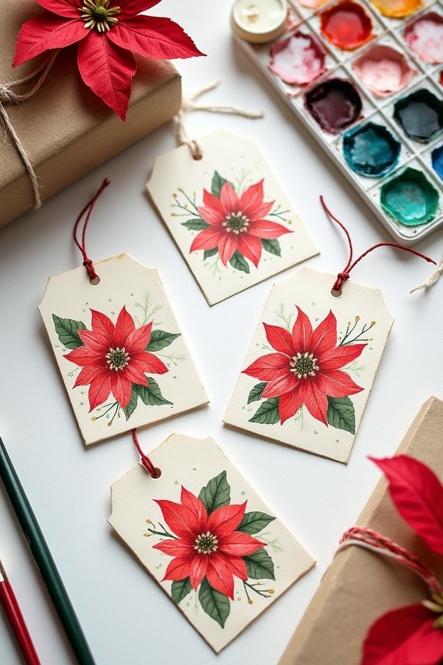 Hand-painted poinsettia gift tags on a white surface with watercolors and wrapped presents. Perfect for Christmas crafts.