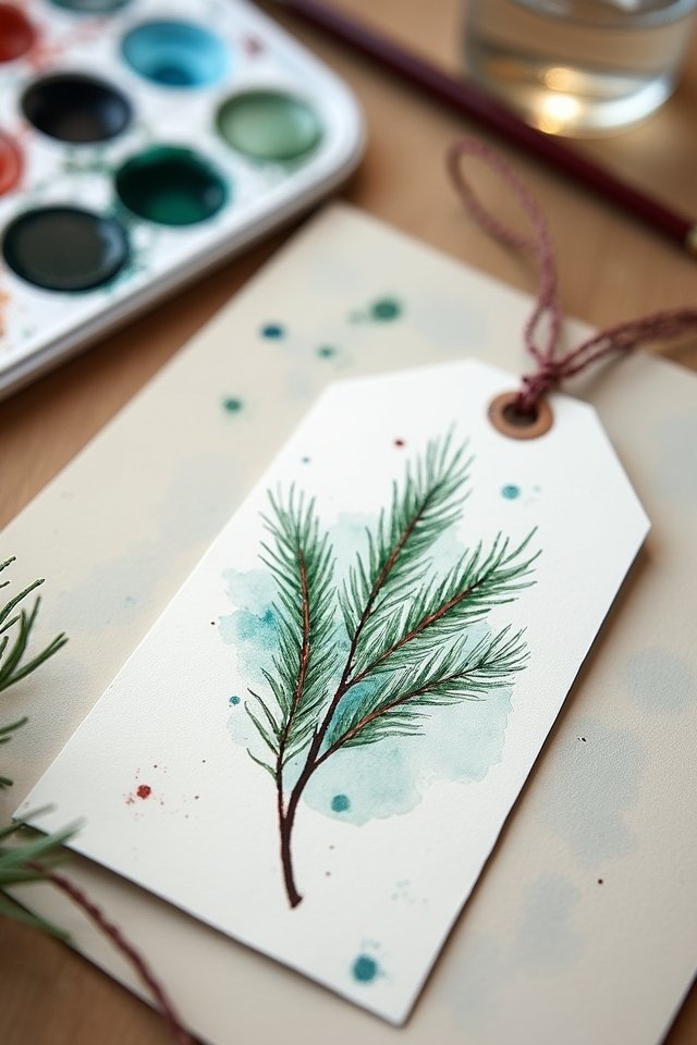 Watercolor pine branch on a handmade card with paint palette nearby, showcasing artistic DIY design.