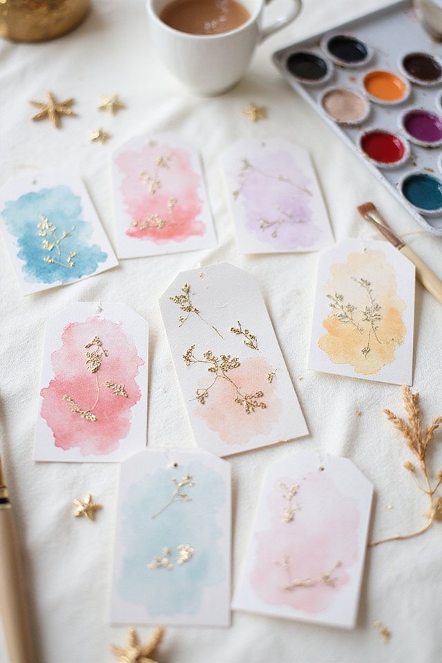 Watercolor gift tags with gold foil accents, pastel paints, and a cup of coffee on a creative workspace.