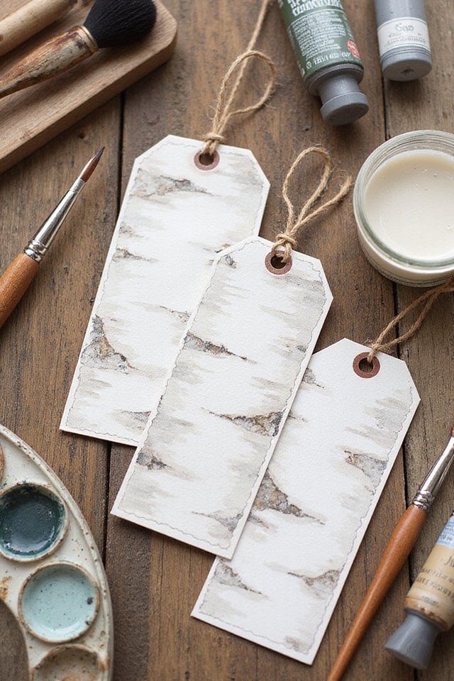 Rustic handmade bookmarks with watercolor birch bark design on wooden table, surrounded by art supplies.
