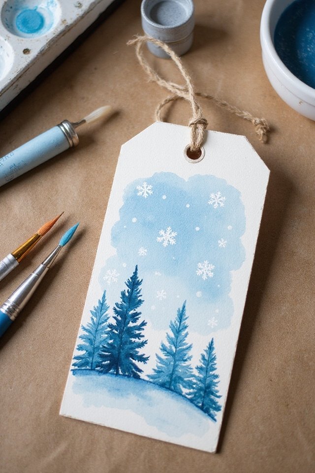 Watercolor Christmas tag with pine trees and snowflakes, surrounded by art supplies on a kraft paper surface.