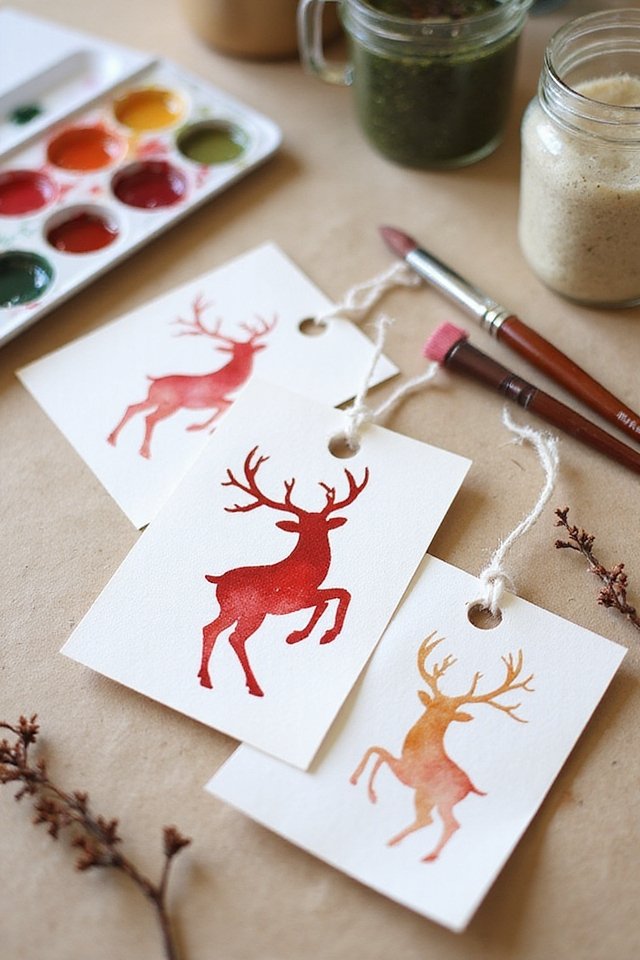 Watercolor reindeer gift tags with paint palette and brushes on a craft table.