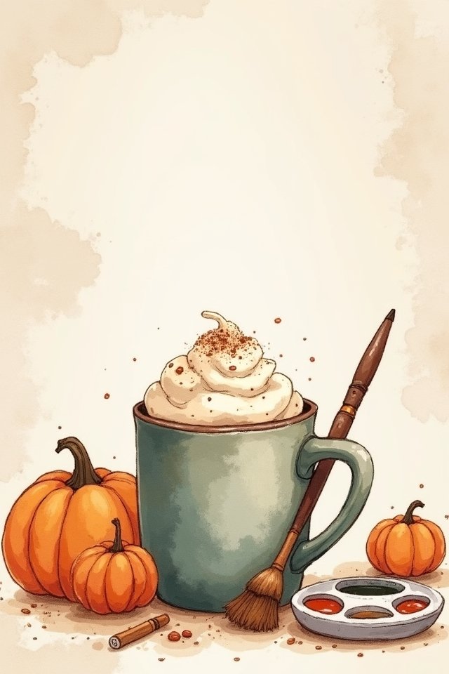 Cup of latte with cream, surrounded by small pumpkins, paintbrush, and palette, creating a cozy autumn vibe.