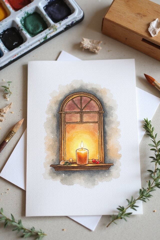 Watercolor painting of a lit candle on a windowsill, surrounded by art supplies like brushes and paints.