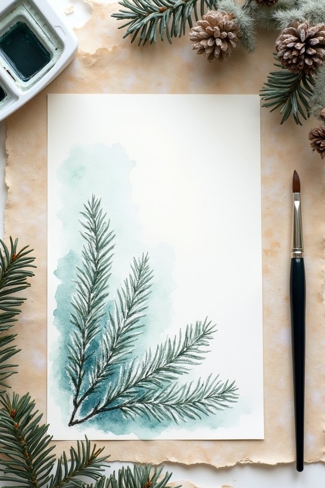 Watercolor pine branch painting on paper with brush and pinecones, perfect for winter or holiday-themed art projects.