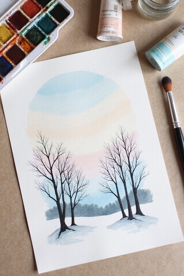 Watercolor painting of winter trees with pastel sky, surrounded by art supplies on a beige surface.