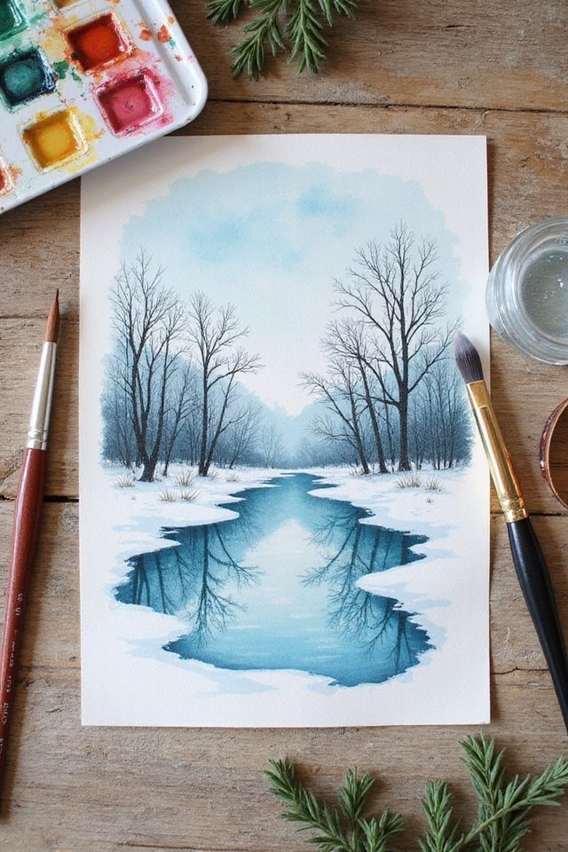 Watercolor painting of a winter landscape with a pond, surrounded by snow and bare trees, with brushes and paints nearby.