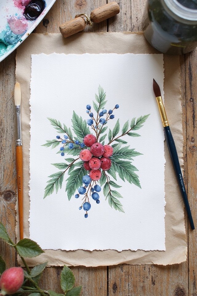 Watercolor painting of red and blue berries with green leaves, surrounded by art supplies on a wooden table.