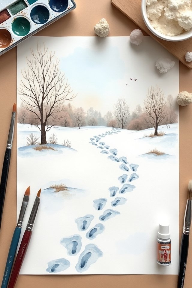 Watercolor painting of snowy landscape with trees, footprints, and art supplies. Peaceful winter scene.