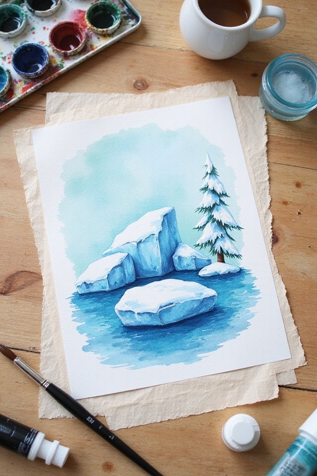 Watercolor painting of icy rocks and a pine tree next to art supplies on a wooden table.