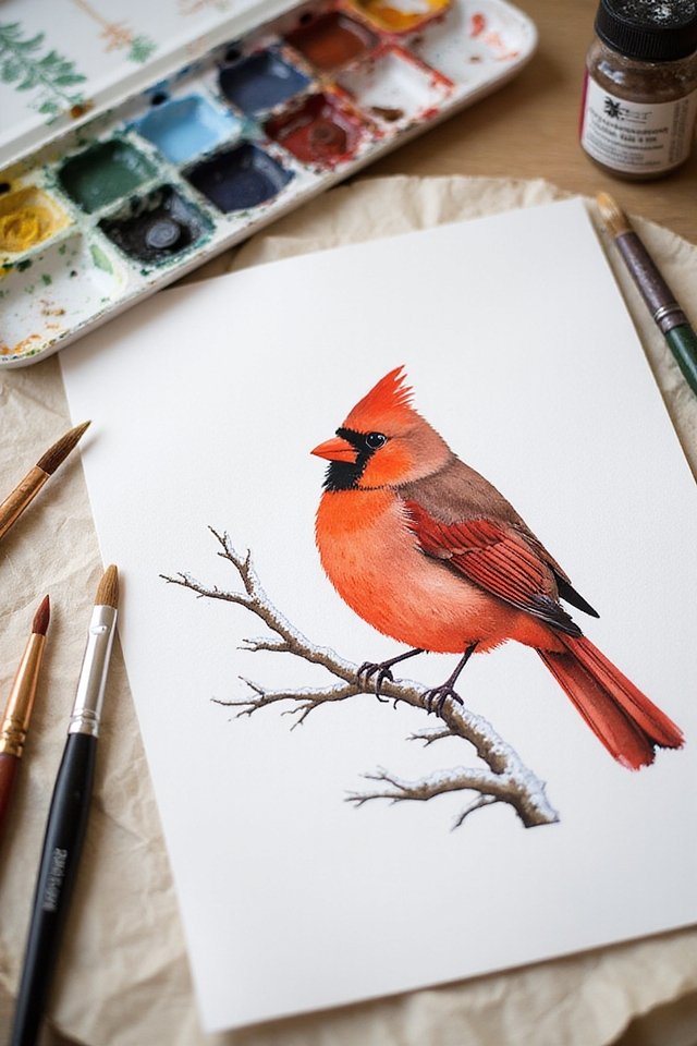 Watercolor painting of a vibrant red cardinal perched on a branch with paint palette and brushes beside it.