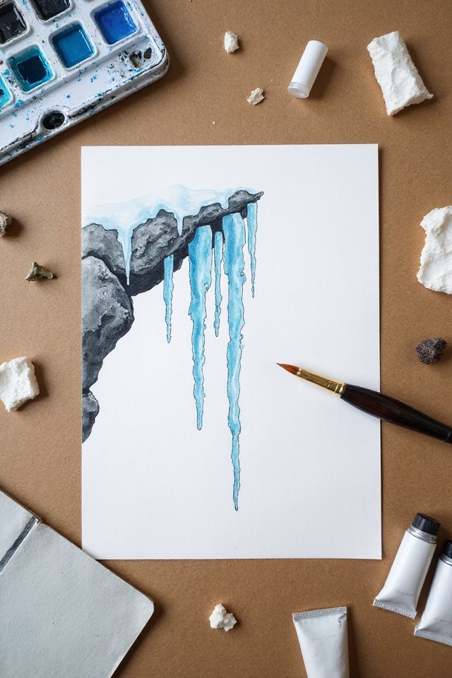 Watercolor painting of icicles on rocks with art supplies on a table.