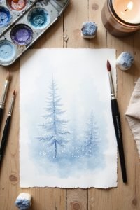 Watercolor painting of snowy trees with art supplies on a wooden table, lit by a candle.