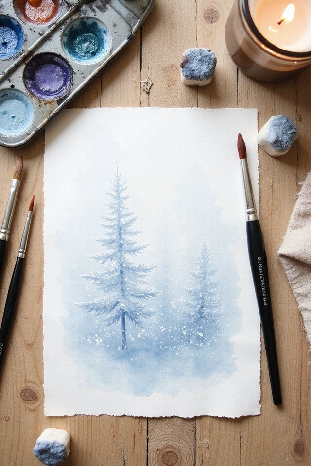 Watercolor painting of snowy trees with art supplies on a wooden table, lit by a candle.