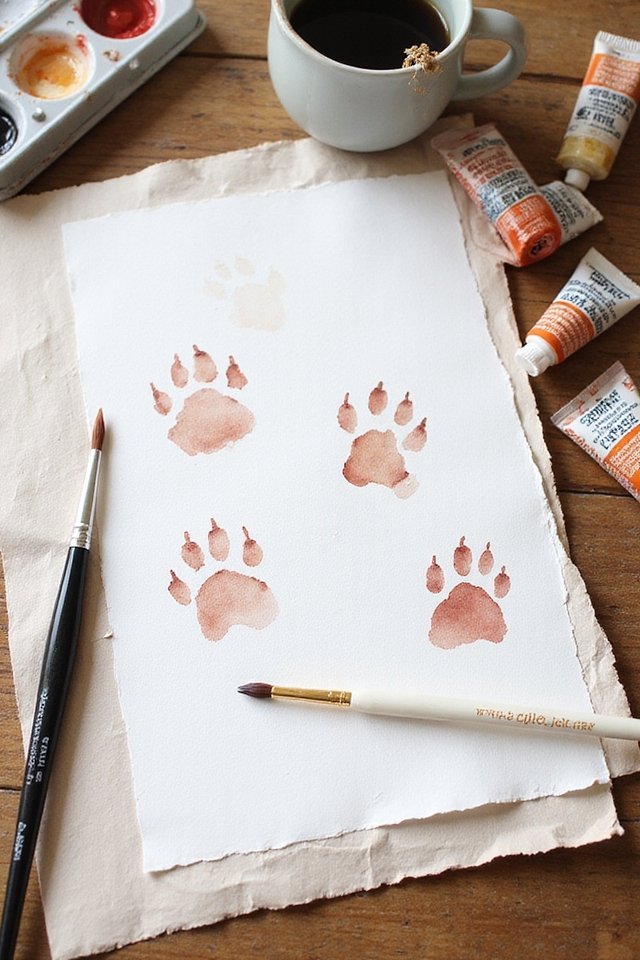 Watercolor paw print painting on paper with brushes, paint tubes, and coffee cup on wooden table.