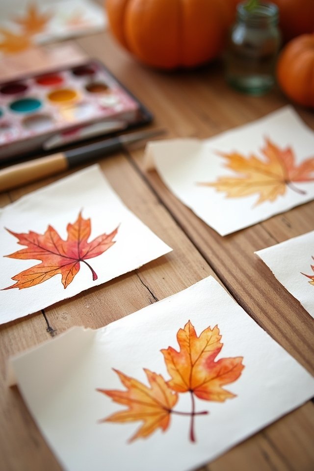 Watercolor autumn leaves on paper with a paint set and pumpkins in the background on a wooden table.