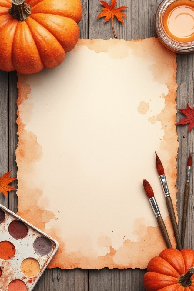 Blank autumn-themed art canvas with pumpkins, paintbrushes, and watercolor paints on a wooden table. Perfect for fall creativity.