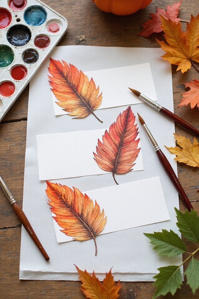 Watercolor autumn leaf paintings with brushes and palette on rustic table.
