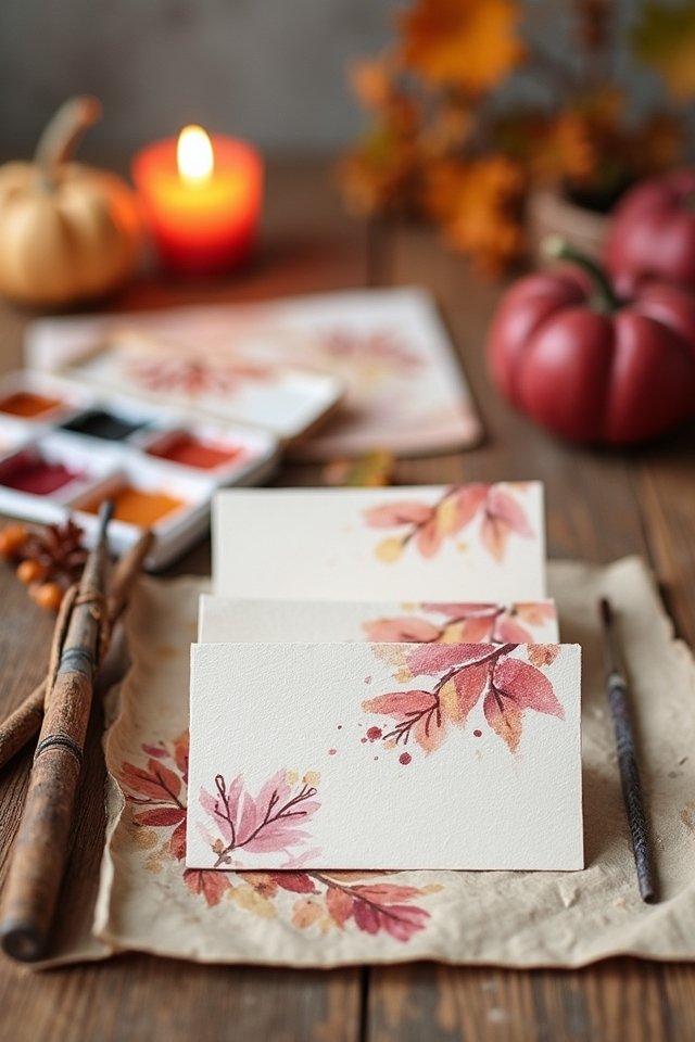 Autumn-themed watercolor cards on a rustic table with leaves, pumpkins, candle, and paint set for a cozy artistic vibe.