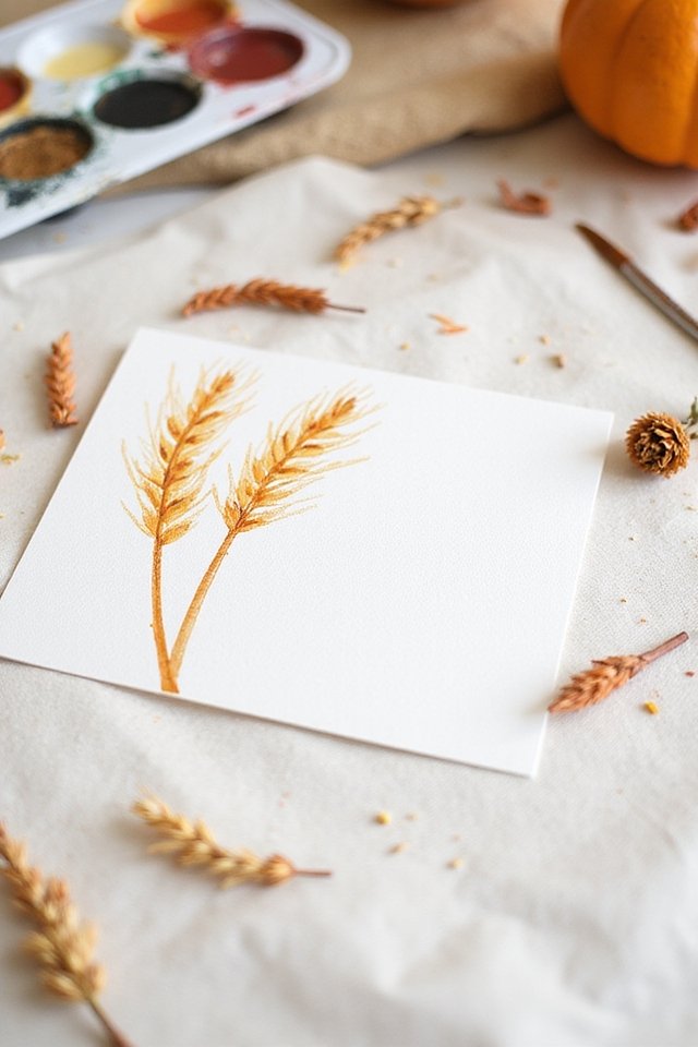 Watercolor painting of wheat stalks on paper, surrounded by art supplies and dried wheat accents.