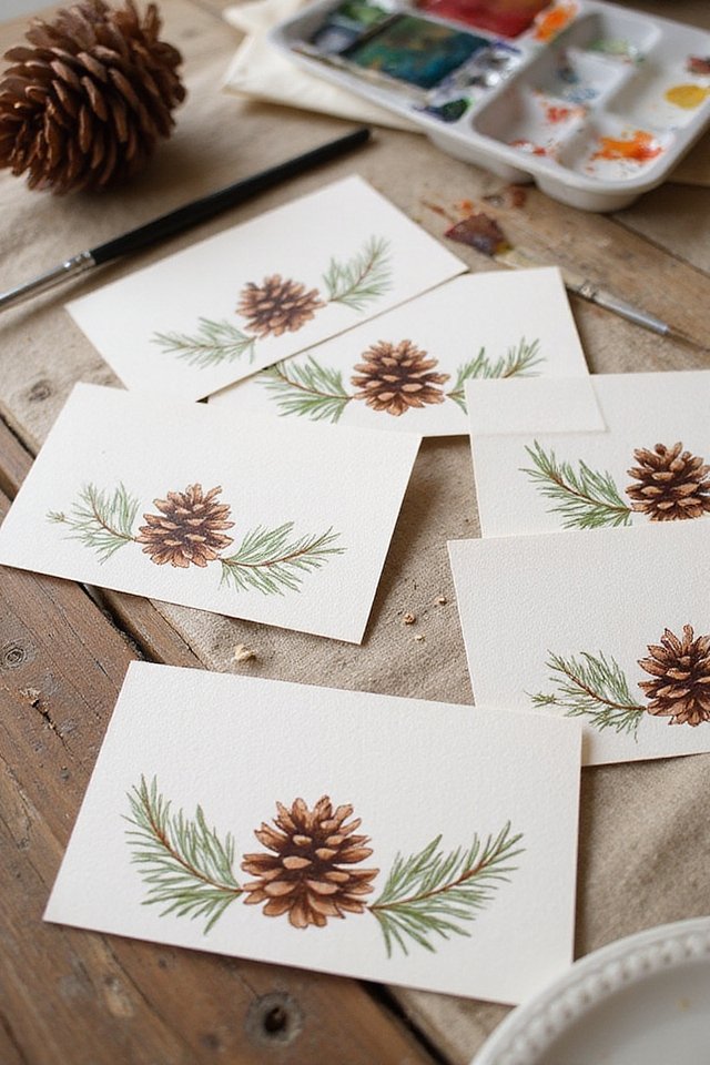 Hand-painted pinecone cards on a rustic table with watercolor paints and brush. Perfect for holiday crafting.