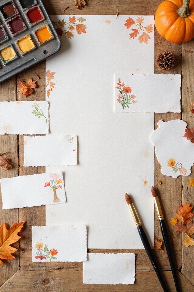 Autumn-themed watercolor art setup with paint, brushes, and paper on a wooden table, decorated with leaves and a pumpkin.