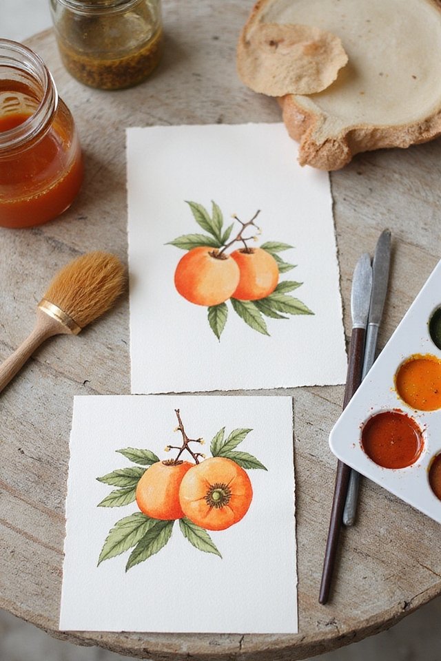 Watercolor paintings of oranges on handmade paper with art supplies on a rustic table.