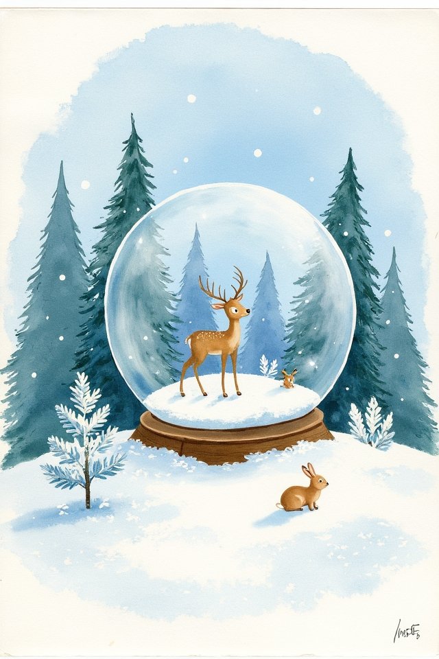 Deer in a snow globe surrounded by winter forest, with rabbit outside. Whimsical winter scene, perfect for holiday themes.