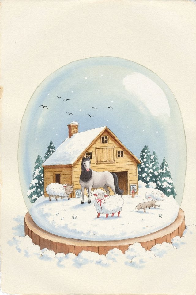 Illustration of a snowy barn scene inside a snow globe with a horse, sheep, piglets, and trees.