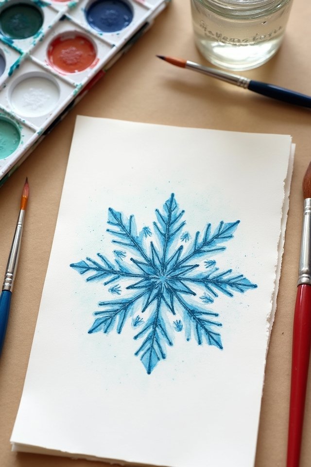 Watercolor snowflake painting with paintbrushes and palette on a beige surface.