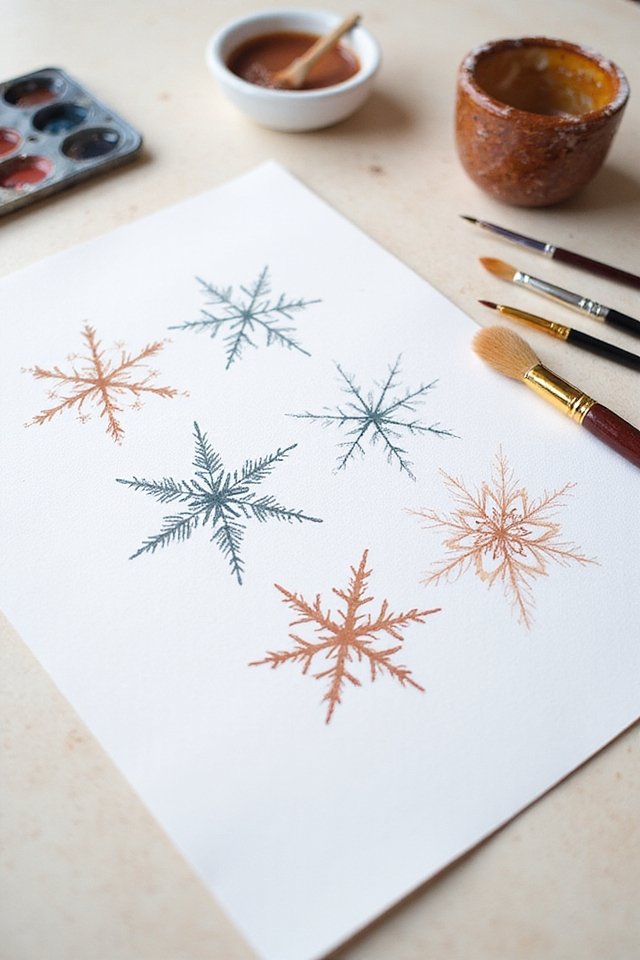 Watercolor painting of blue and orange snowflakes on paper with brushes and paint in the background.